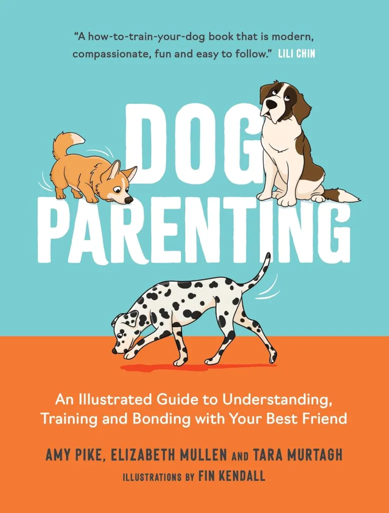 The cover of the book called Dog Parenting shows a bright blue wall and an orange floor. There are cartoon illustrations of three dogs: a dalmatian is sniffing on the floor, a corgi is above the letters of the book's title on the left side and a St. Bernard is above the book's title on the right side.