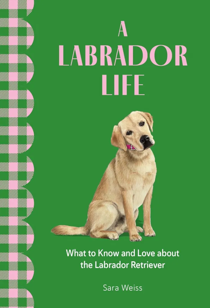 Three book covers side by side. From left to right: A green background with pink text reads A Labrador Life with a picture of a cartoon yellow lab, a dark blue background reads A Golden Life with a cartoon picture of a Golden Retriever, a bright pink background reads A French Life with a picture of a grey and white French Bulldog.