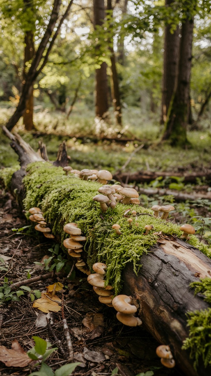 A cockapoo exploring a forest log