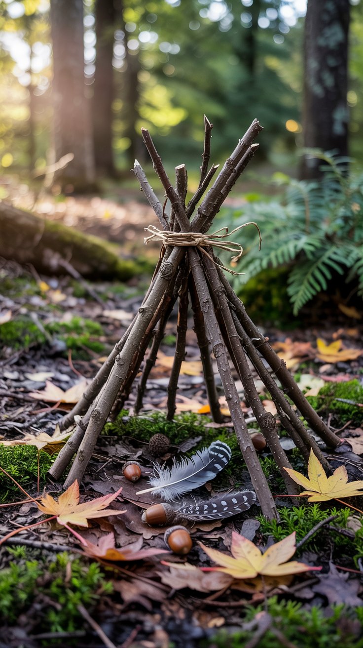 A photograph of a miniature teepee constructed with sticks and natural elements
