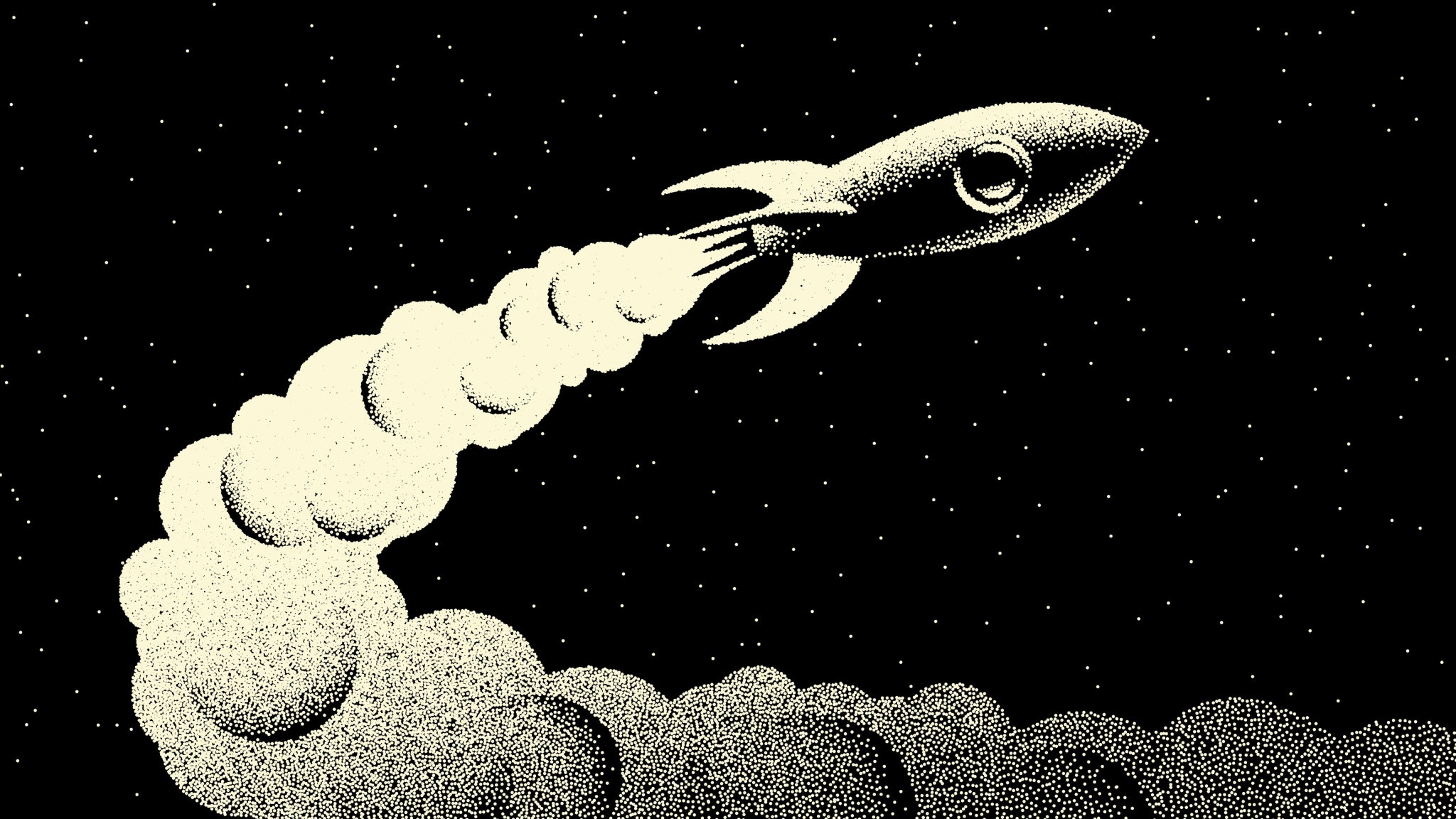 A black and white illustration of a small vintage-era sci-fi rocket blasting into space and leaving a cloud of fumes behind it.
