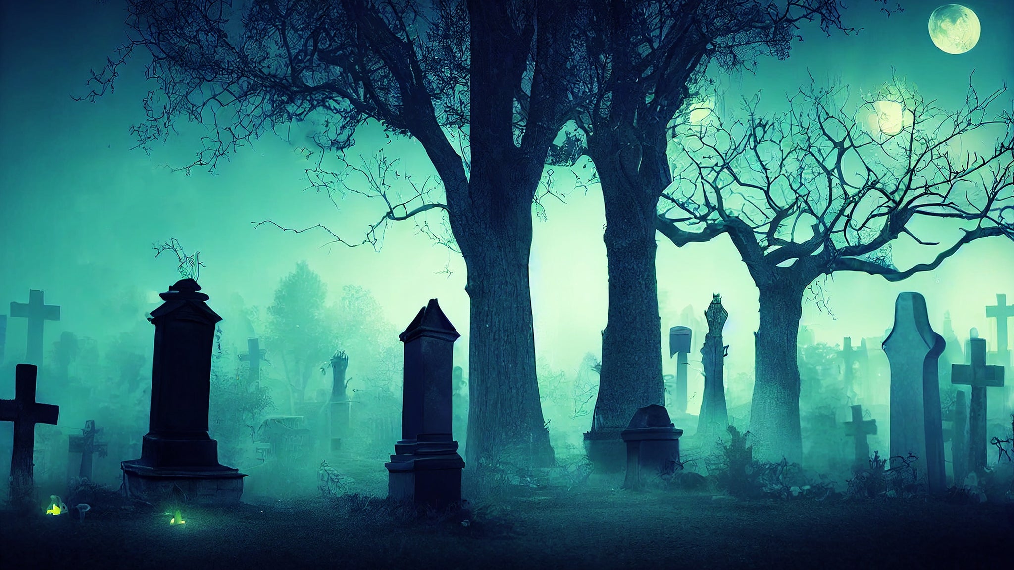 A photograph of a misty graveyard or cemetery at night time, the tall tombstones of which are silhouetted against the eerie pale greenish glow of the full moon above.