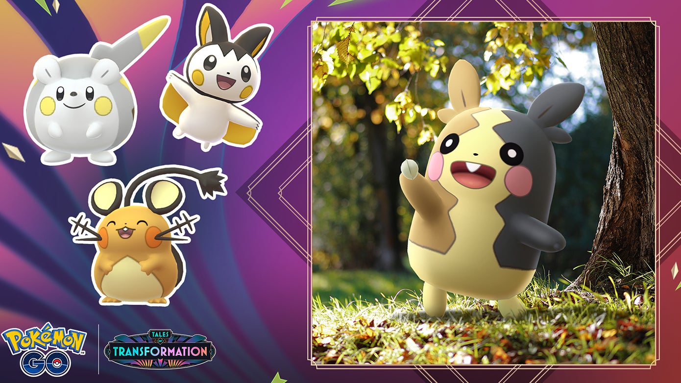 A large picture of Morpeko, a hamster like Pokémon, to the right of smaller images of Togedemaru, Emolga and Dedenne - three mouse like Pokémon.