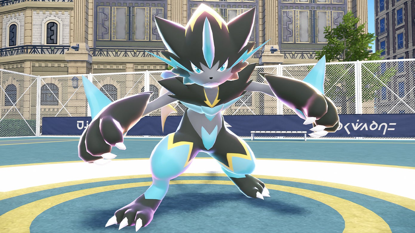 Mega Zeraora, a black and blue cat-like Pokémon, in Pokémon Legends: Z-A.