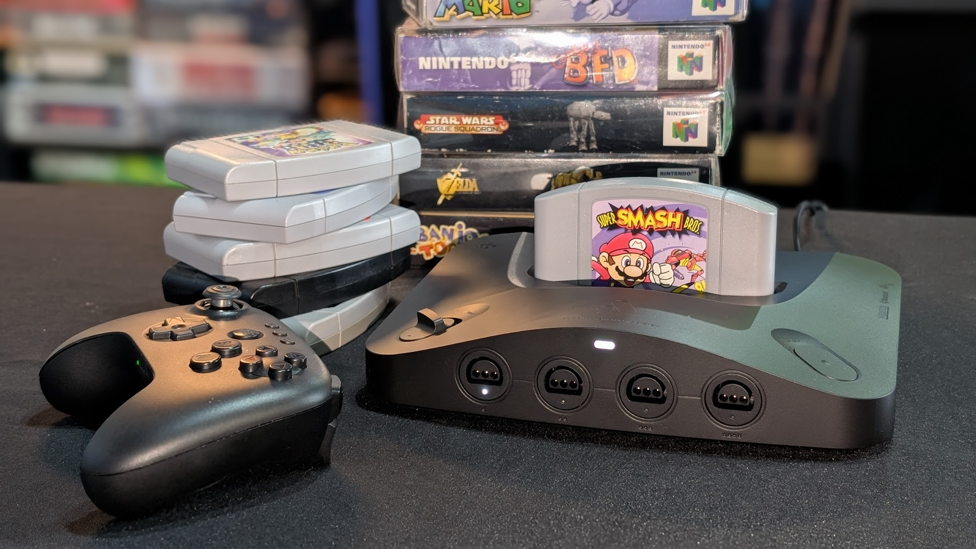 An Analogue 3D console, and a selection of compatible N64 games.