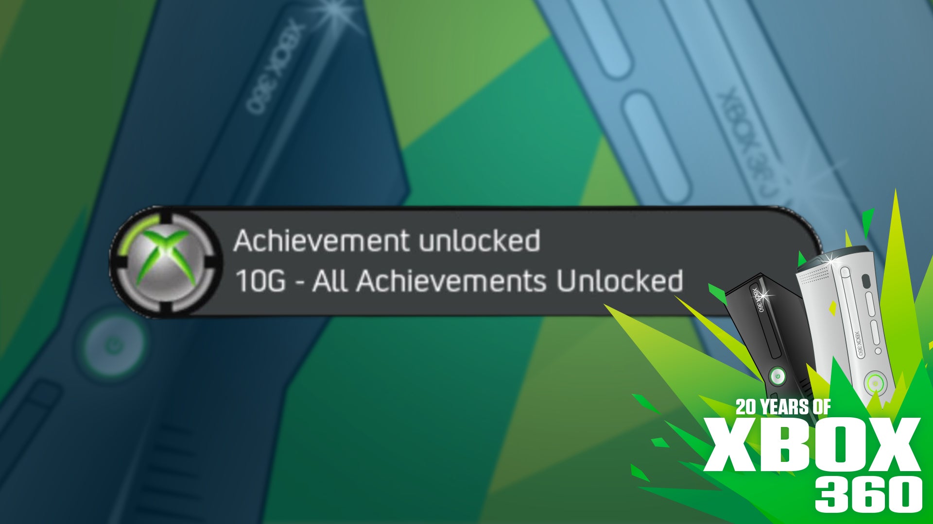 Xbox 360 image of an Achievement Unlocked popup over images of Xbox 360 consoles