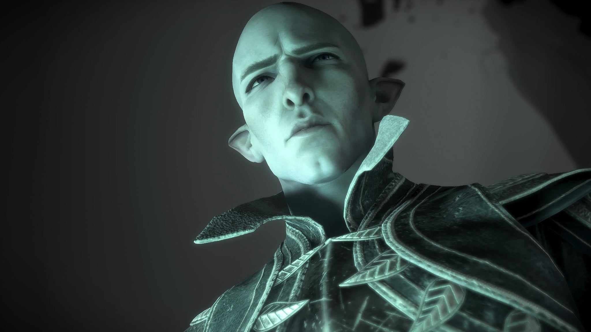 A close-up image of the antagonist Solas from Dragon Age: The Veilguard, with a very stern expression on his face.