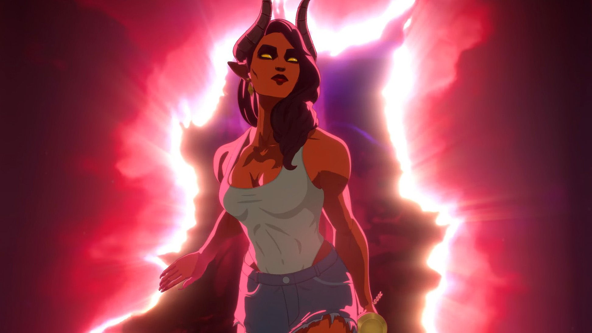 The hench, vest-wearing demon lady Malevola steps out of a portal in Dispatch. She has red skin, bulging muscles, and a tight white vest and denim shorts.