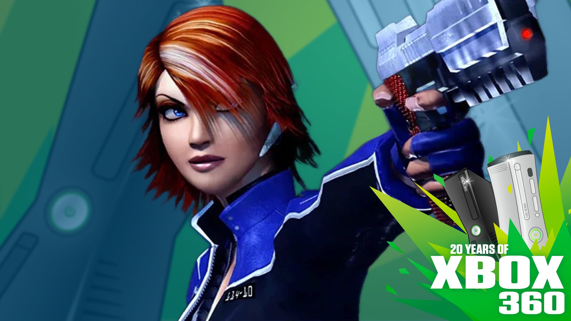 Jo Dark holding up a gun on a background of Xbox 360s.