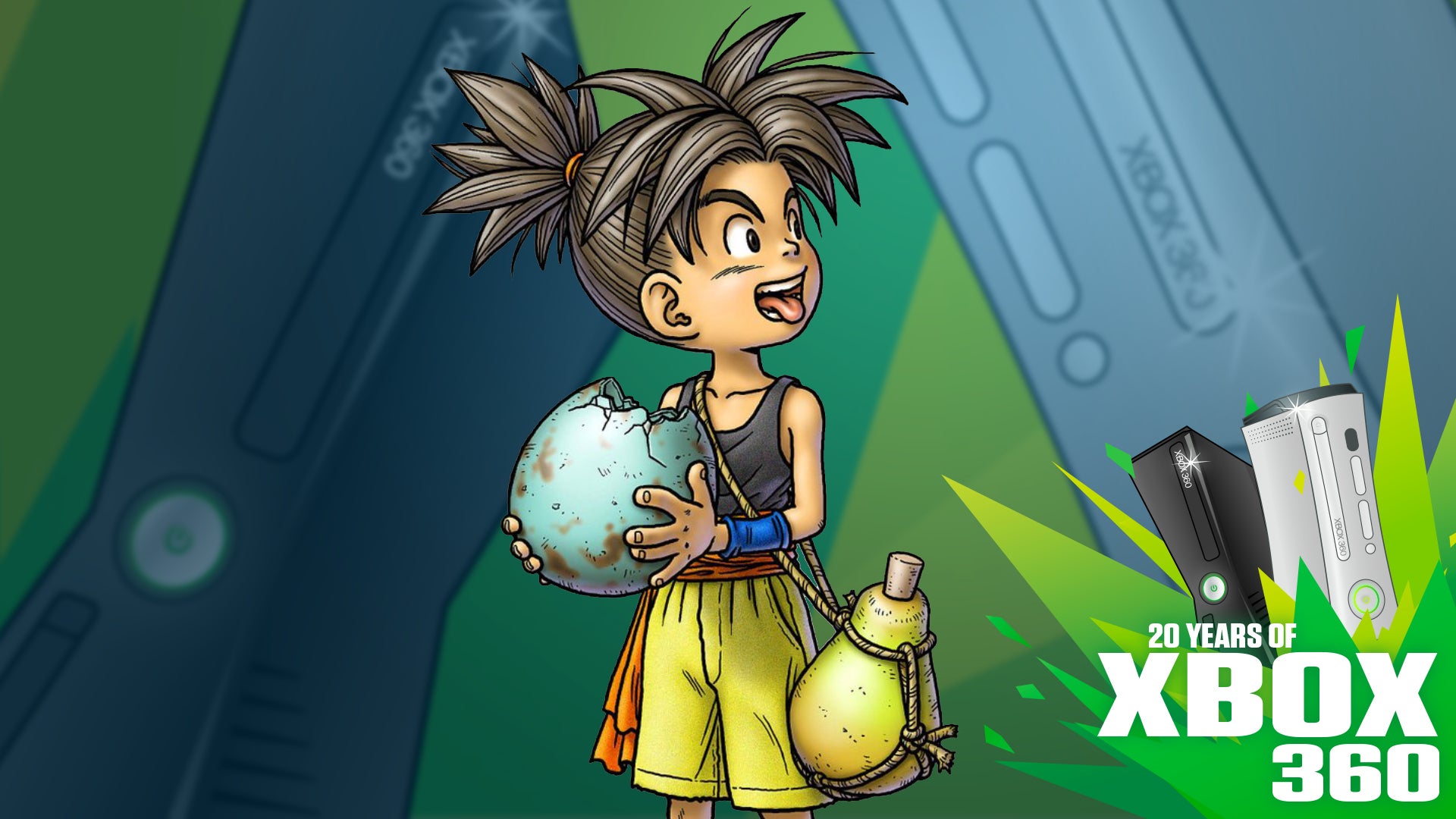 Lead character from Xbox 360 game Blue Dragon is on a background of Xbox 360 consoles.