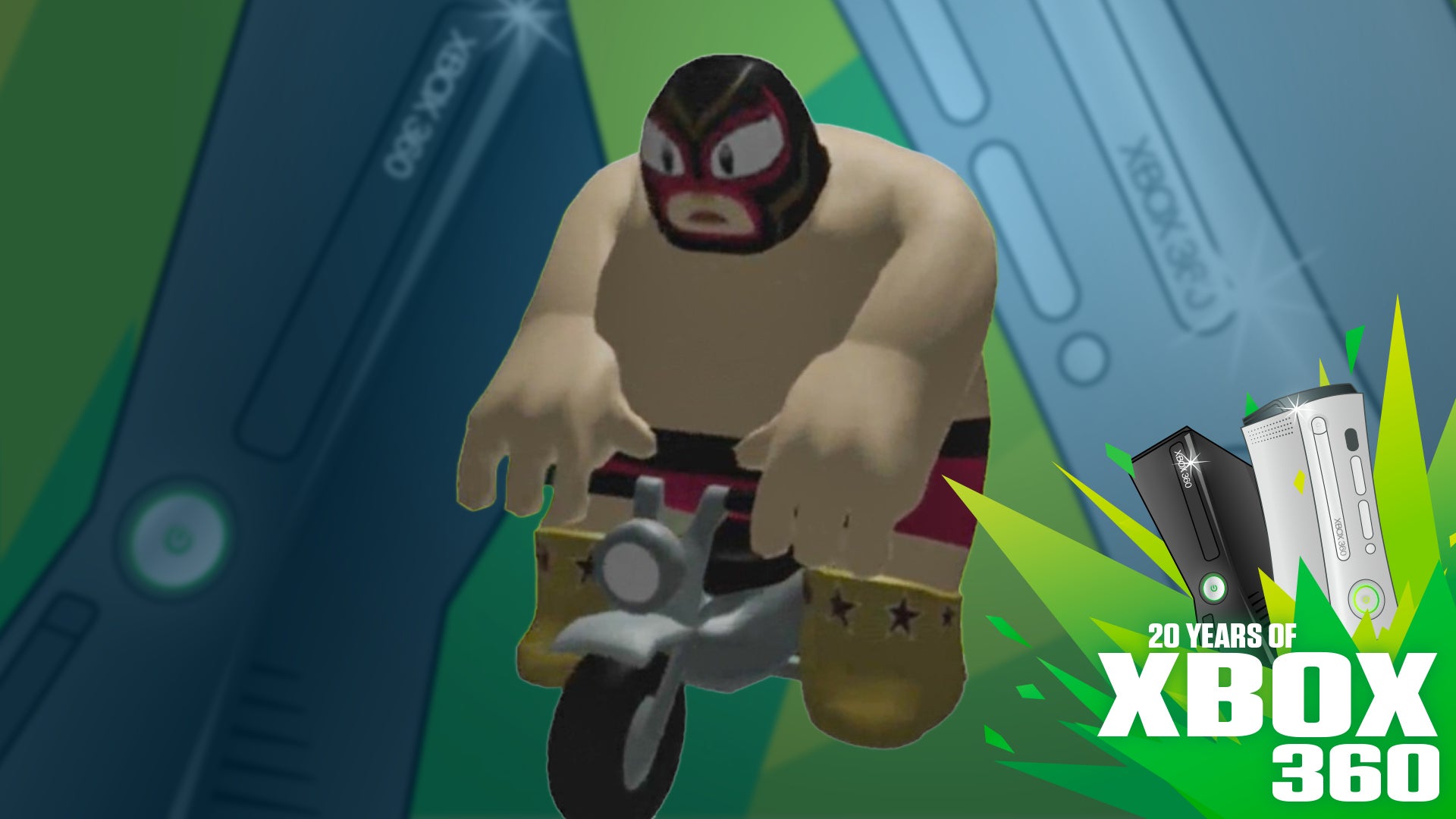 A large man in a Mexican wrestling mask, from a low-spec game called Yaris, riding a tiny motorbike in front of Xbox 360 consoles.