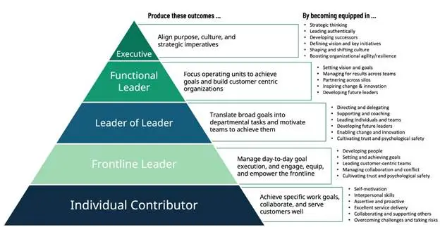 A pyramid diagram illustrating leadership levels within an organization, including 'Executive,' 'Functional Leader,' 'Leader of Leader,' 'Frontline Leader,' and 'Individual Contributor,' along with corresponding outcomes and skills needed for each level.
